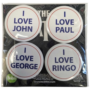 The Beatles - I Love 4 Pack Large Button Badge Pack i gruppen MERCHANDISE / Merch / Pop-Rock hos Bengans Skivbutik AB (5537485)