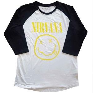 Nirvana - Yellow Smiley Uni Wht/Bl Raglan:  i gruppen MERCH / T-Shirt / Rockoff_Nya April24 hos Bengans Skivbutik AB (5535341r)