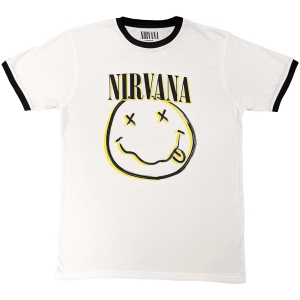 Nirvana - Double Smiley Ringer Uni Wht    i gruppen MERCH / T-Shirt / Rockoff_Nya April24 hos Bengans Skivbutik AB (5535361r)