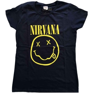 Nirvana - Yellow Happy Face Lady Navy i gruppen MERCHANDISE / T-shirt / Nyheter / Pop-Rock hos Bengans Skivbutik AB (5546461r)