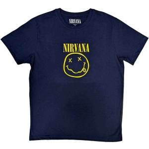 Nirvana - Yellow Happy Face Uni Navy  i gruppen MERCHANDISE / T-shirt / Nyheter / Pop-Rock hos Bengans Skivbutik AB (5546464r)