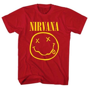 Nirvana - Yellow Happy Face Uni Red  i gruppen MERCHANDISE / T-shirt / Nyheter / Pop-Rock hos Bengans Skivbutik AB (5546467r)