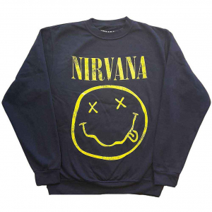 Nirvana - Yellow Happy Face Navy Sweatshirt  i gruppen MERCHANDISE / Sweatshirt / Pop-Rock hos Bengans Skivbutik AB (5553906r)