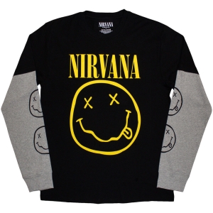 Nirvana - Happy Face Uni Bl/Grey Layered Longsleeve  (L) i gruppen MERCHANDISE / T-shirt / Pop-Rock hos Bengans Skivbutik AB (5644791)