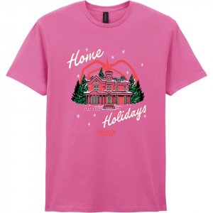 Stranger Things - Home Holidays Uni Pink T-Shirt i gruppen MERCHANDISE / T-shirt / Film-Musikal hos Bengans Skivbutik AB (5649179r)