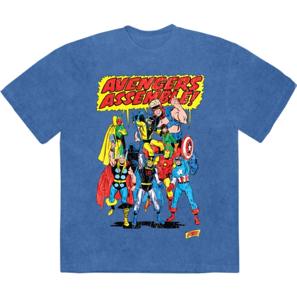 Marvel Comics - Avengers Assemble Retro Stone Wash Uni Denim T-Shirt i gruppen MERCHANDISE / T-shirt / Nyheter / Film-Musikal hos Bengans Skivbutik AB (5674004r)