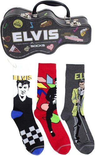 Elvis Presley - Crew Socks (3 Pack Collector Guitar Shape Tin) i gruppen MERCHANDISE / Strumpor / Pop-Rock hos Bengans Skivbutik AB (5680203)