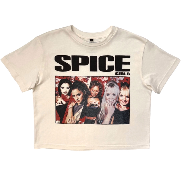 Spice Girls - Collage Stone Wash Lady Wht Crop Top i gruppen MERCHANDISE / T-shirt / Nyheter / Pop-Rock hos Bengans Skivbutik AB (5693026r)